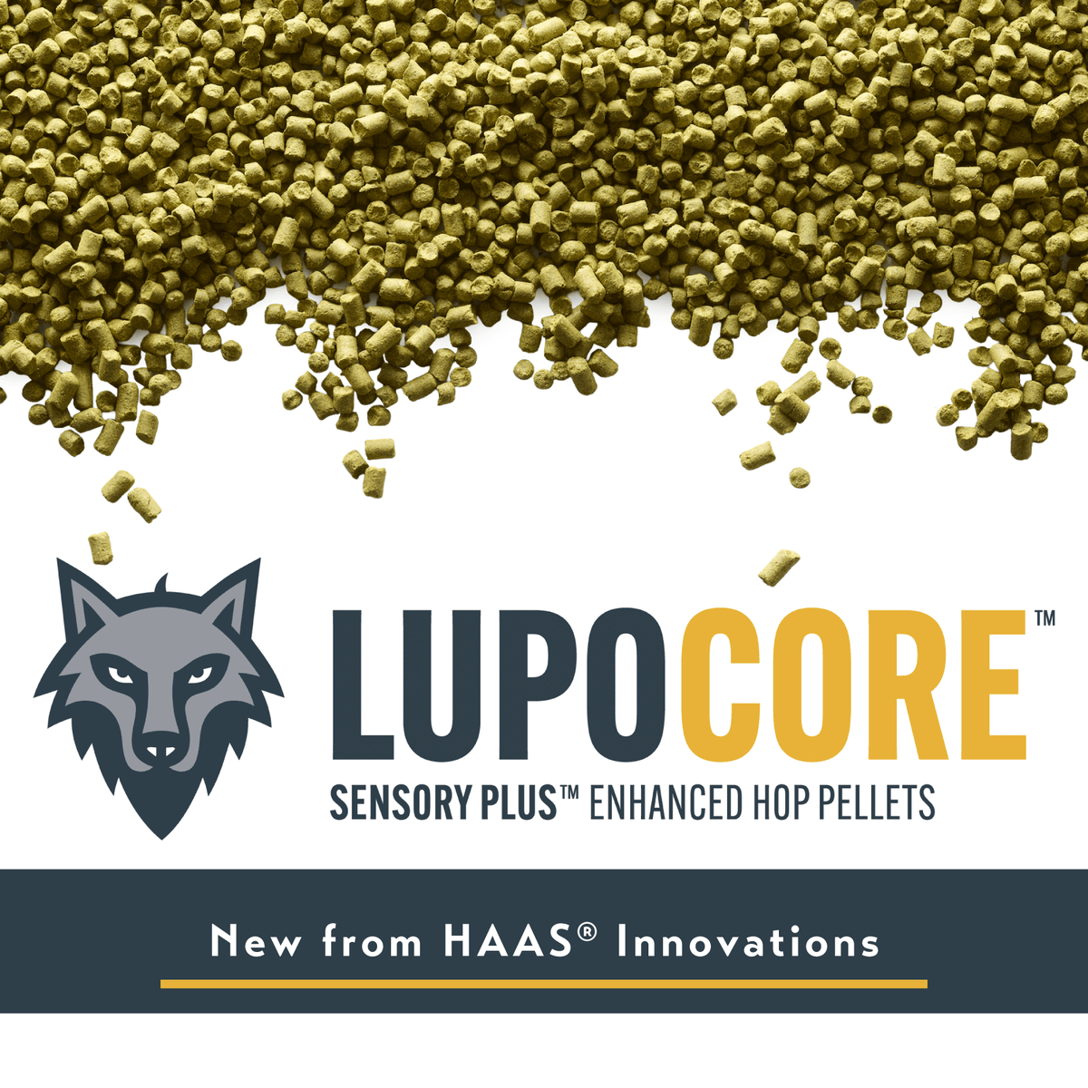 LupoCore hop pellets with HAAS Innovations logo on a white background