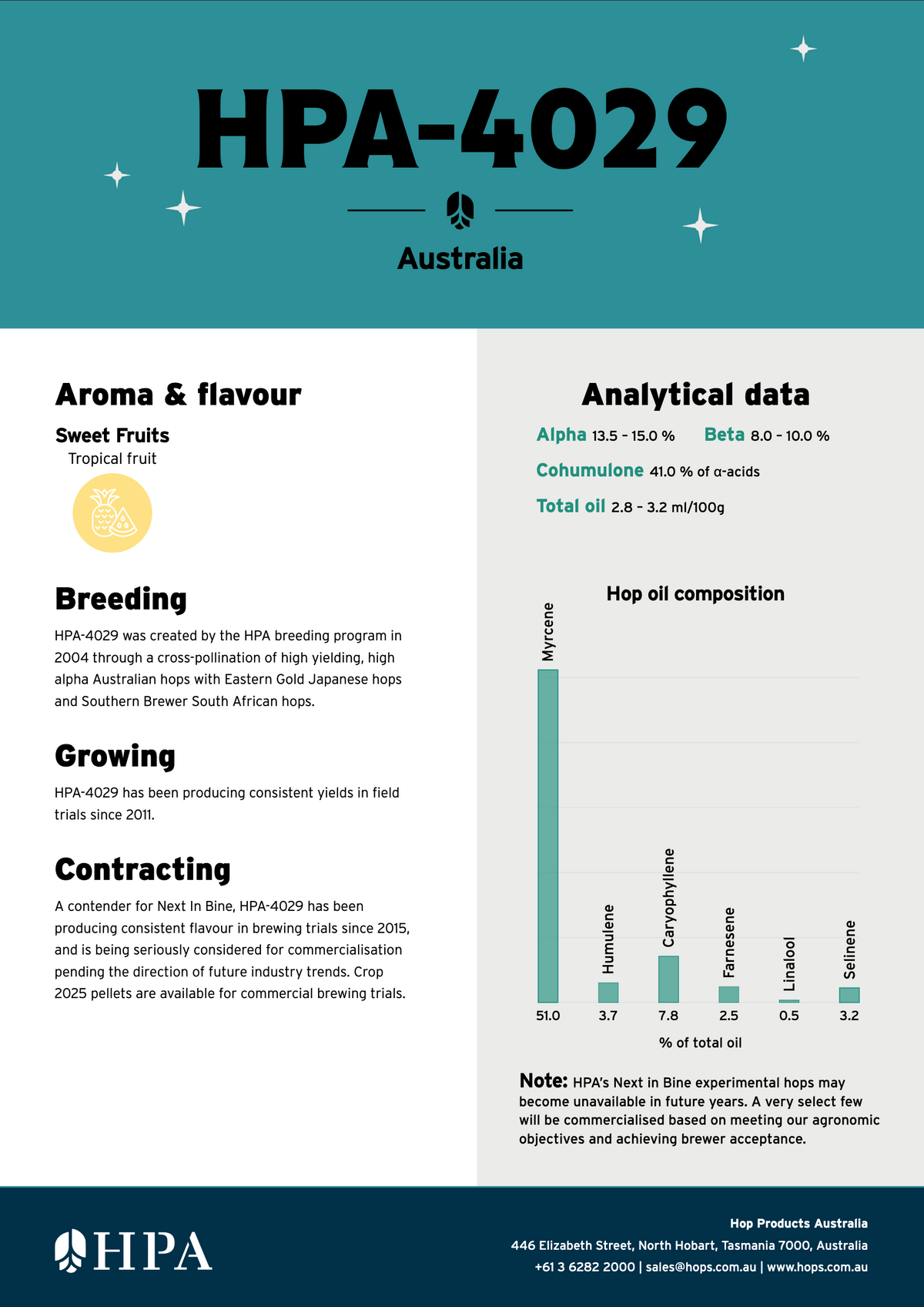 HPA 4029 Hop Variety Data Sheet from Hop Products Australia