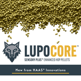 LupoCore hop pellets with HAAS Innovations logo on a white background