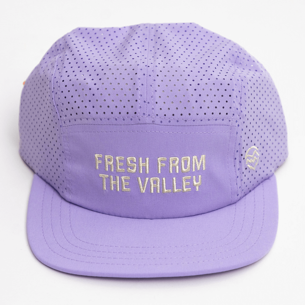 Lavender cap with 'Fresh from the Valley' text on a white background