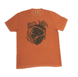 photo of a orange shirt with the illustration of a frog and a hop cone