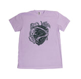 photo of a purple shirt with the illustration of a frog and a hop cone